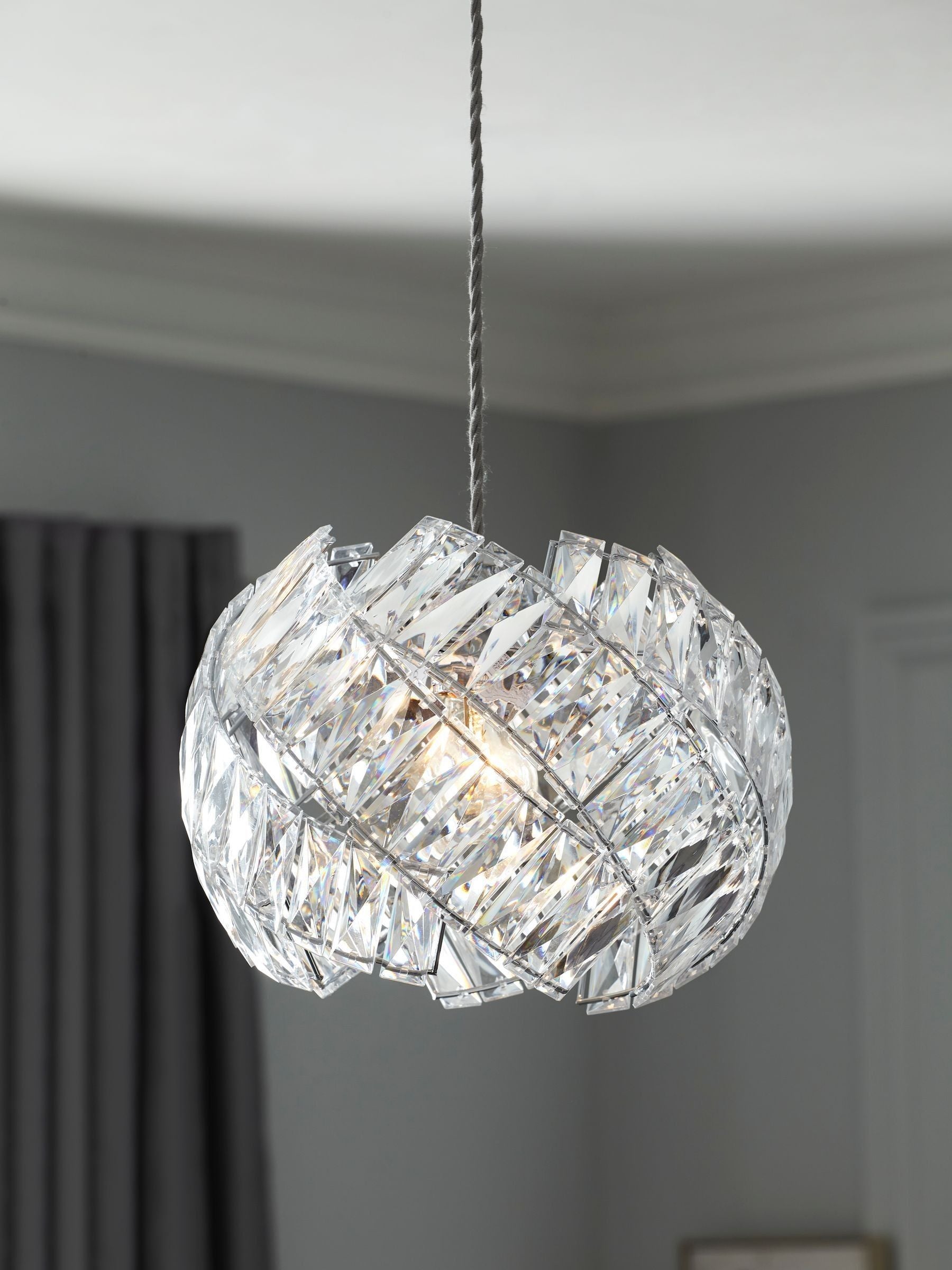 Chrome Belgravia ceiling light with faceted bead design, imported from the UK