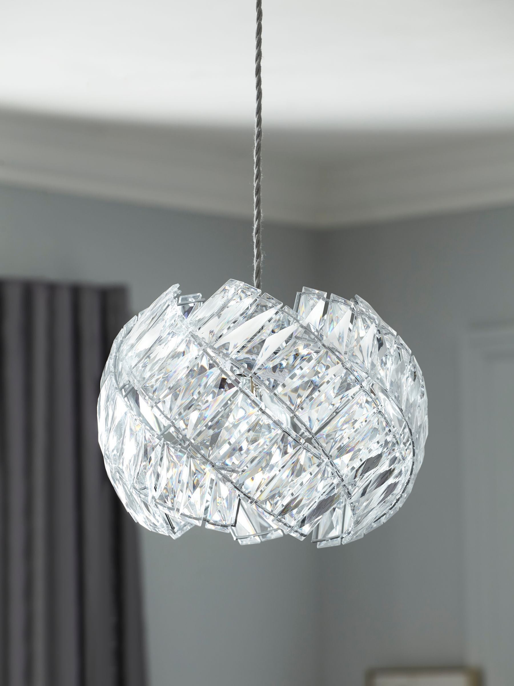 Chrome Belgravia ceiling light with faceted bead design, imported from the UK