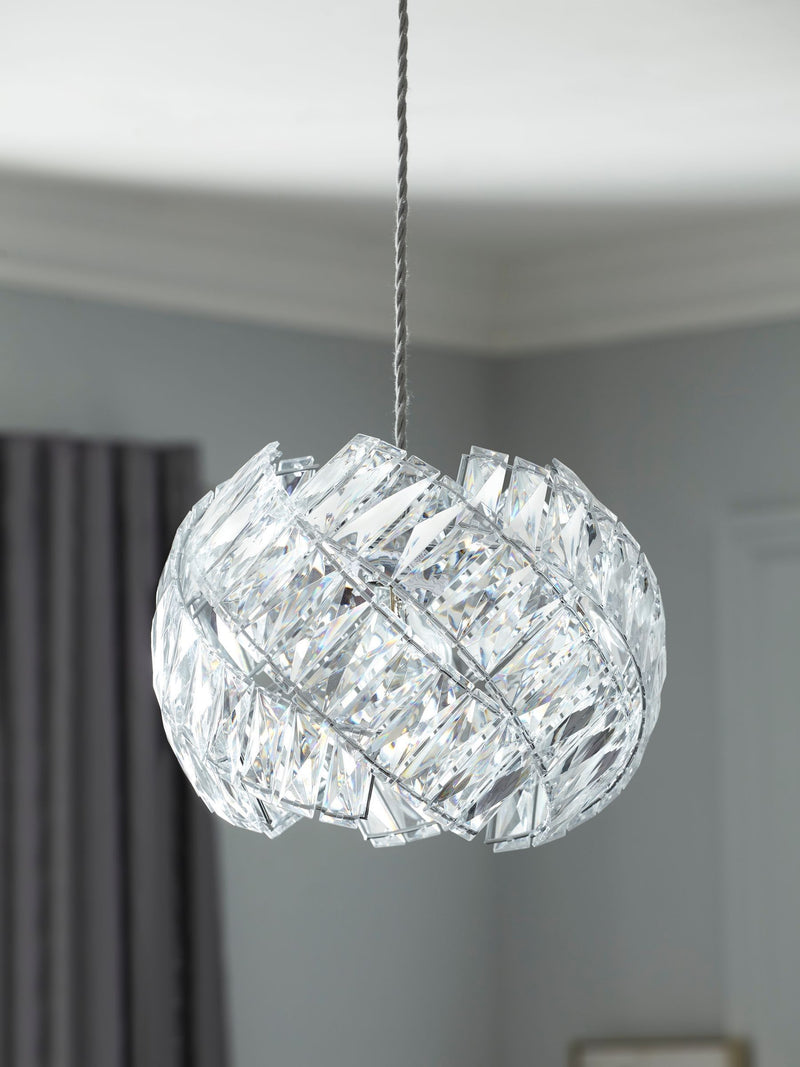 Chrome Belgravia ceiling light with faceted bead design, imported from the UK