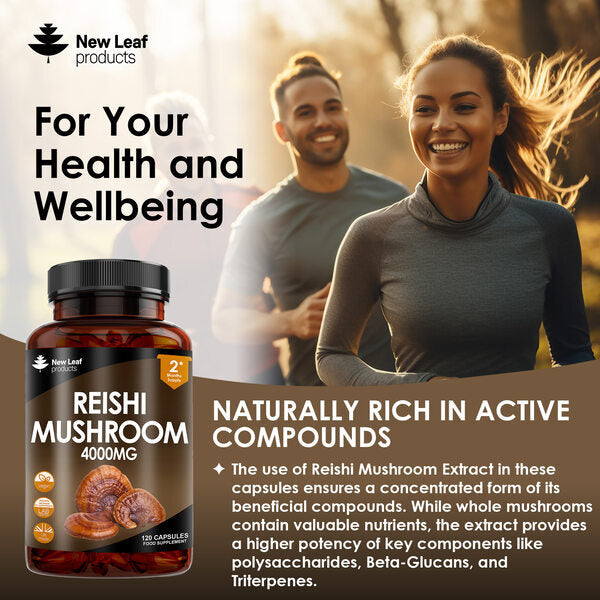 New Leaf Reishi Mushroom Capsules 4000mg 120 capsules, imported from the UK