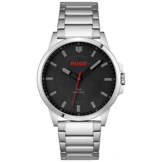 HUGO men's watch black dial stainless steel bracelet 43mm - British product