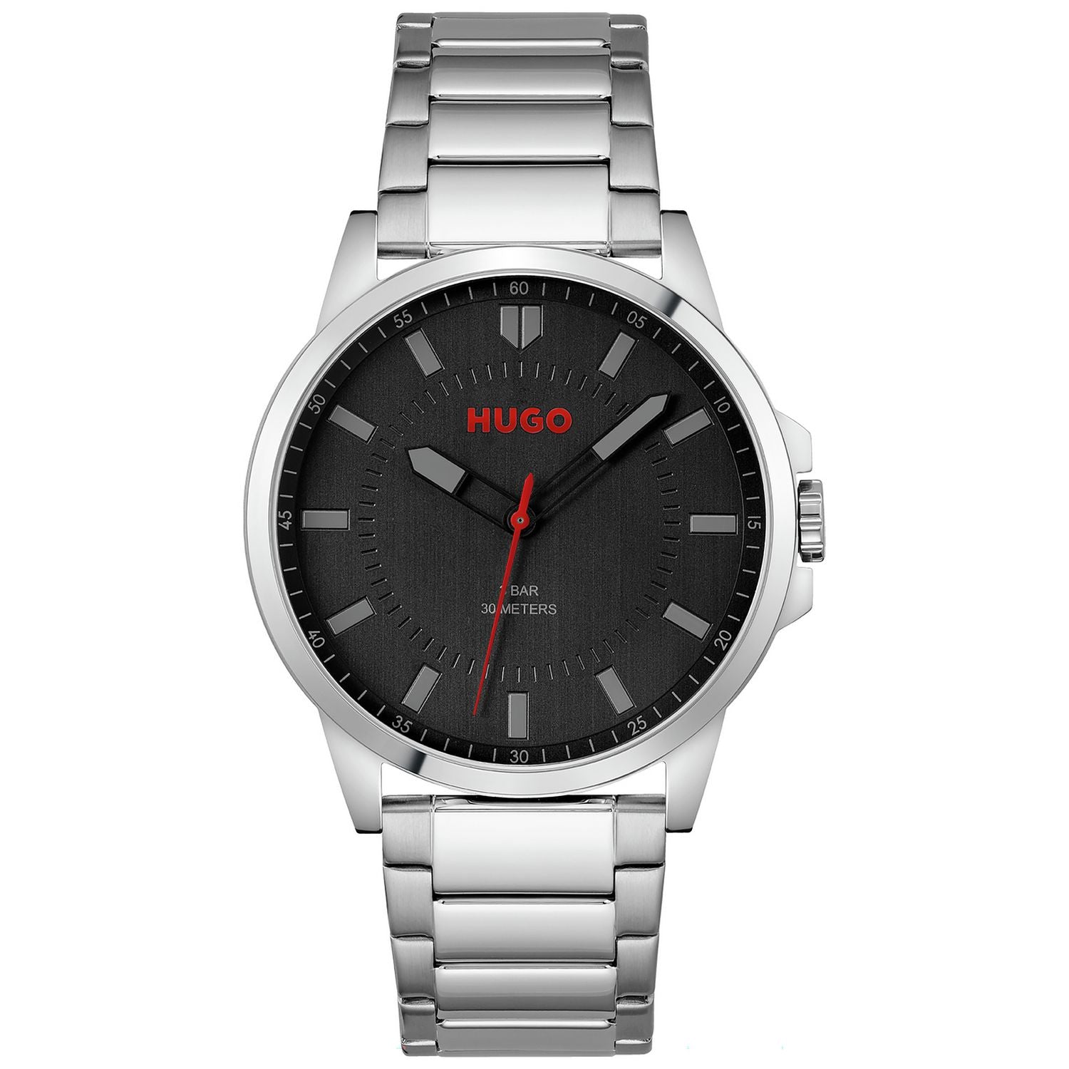 HUGO Men's Black Dial Silver Stainless Steel Bracelet Watch