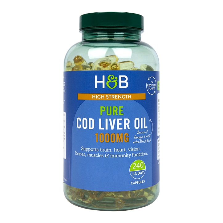 Holland & Barrett Pure Cod Liver Oil 1000mg 240 Capsules Omega 3 Supplements & Fish Oils Holland&Barrett   