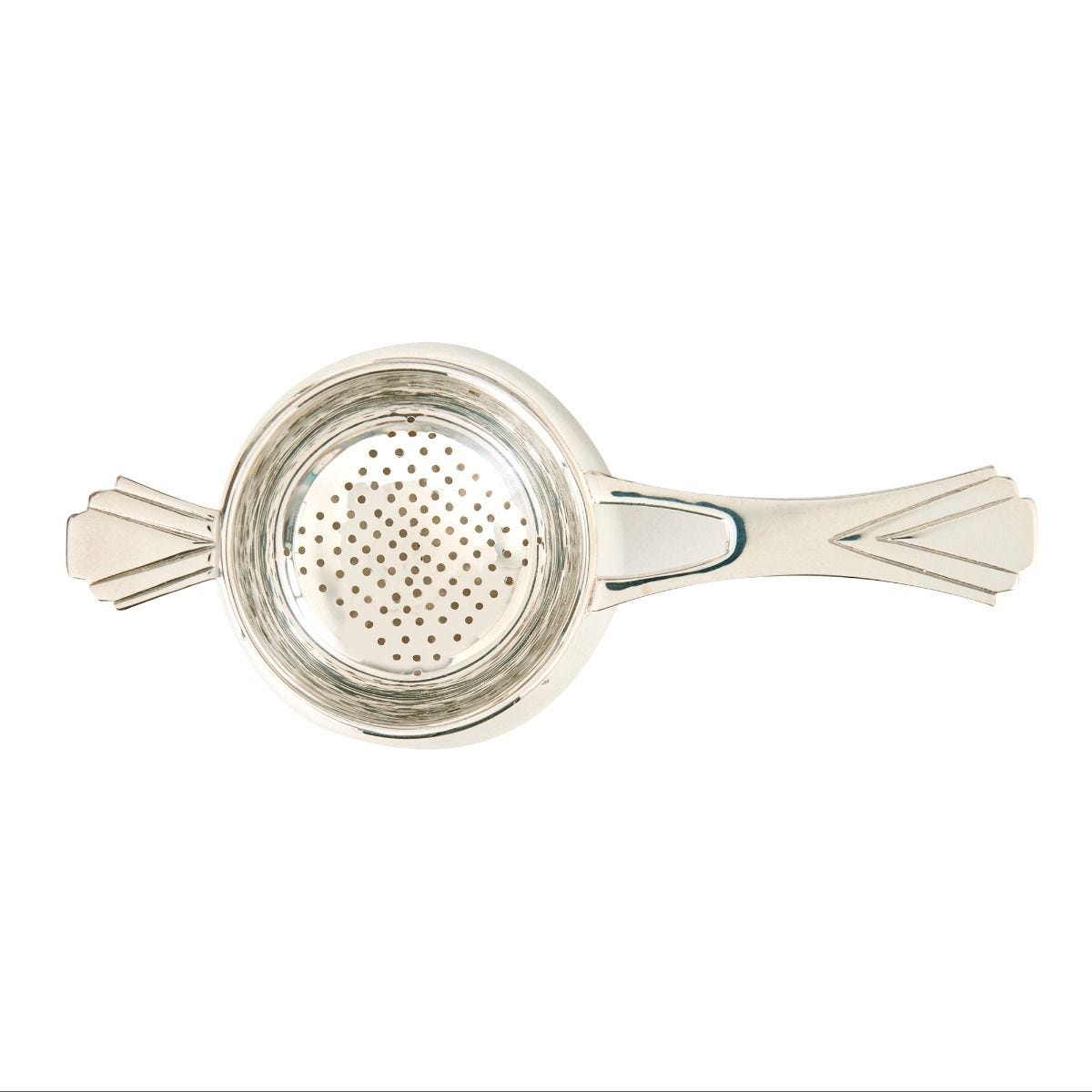 Silver-plated long-handled tea strainer with Art Deco detail - British product