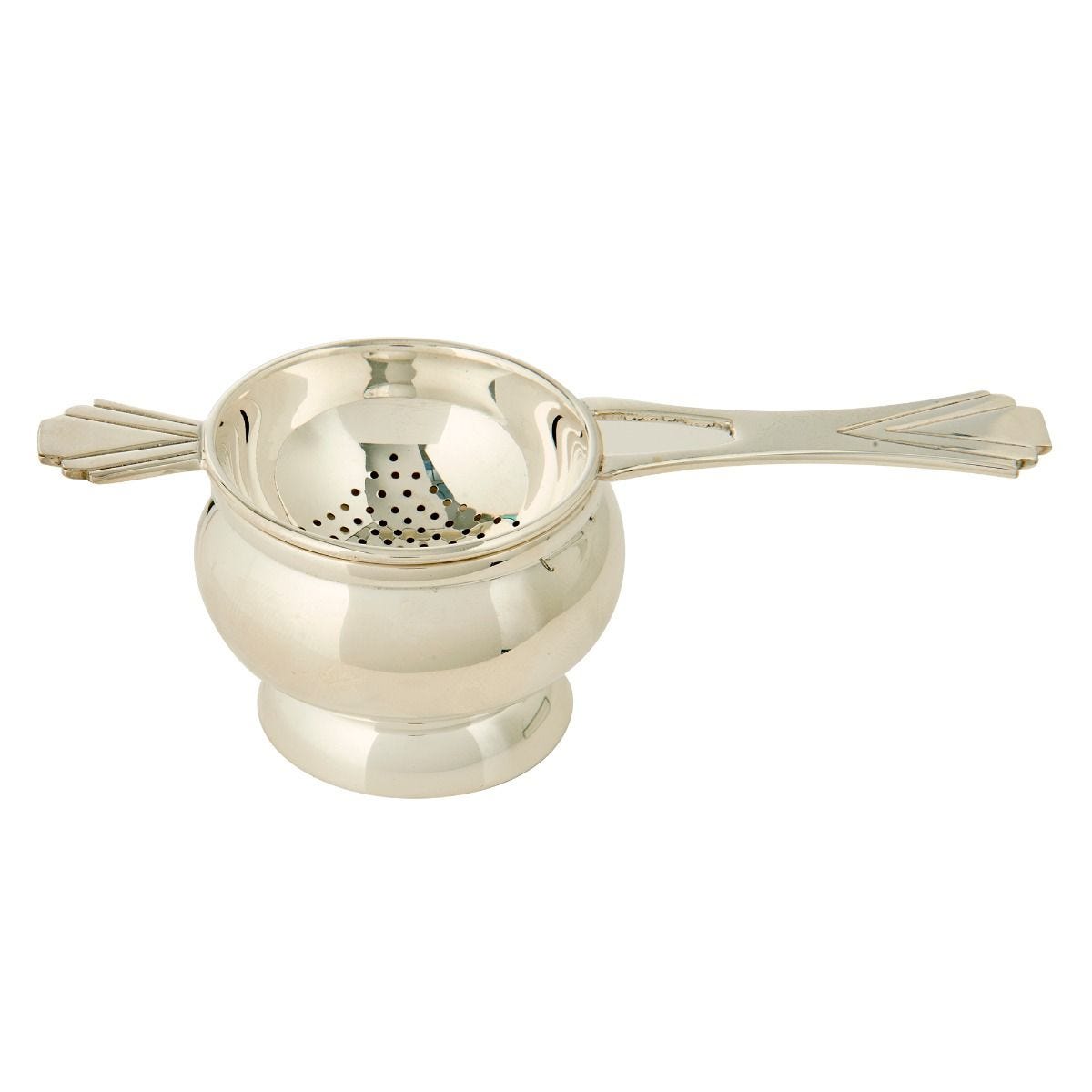 Silver-plated long-handled tea strainer with Art Deco detail - British product