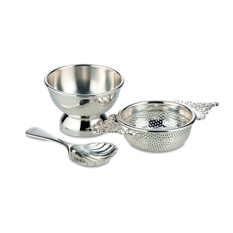 Fortnum & Mason silver-plated tea strainer and caddy spoon set (British brand)