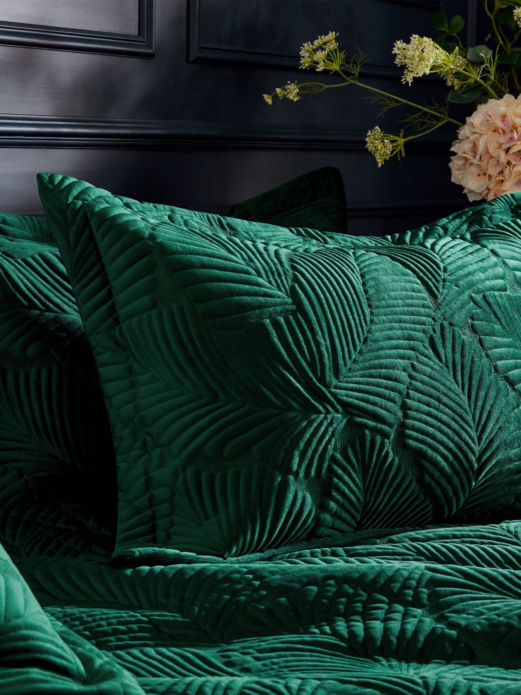 Paoletti Green Palmeria Quilted Velvet Duvet Cover Set, imported from the UK