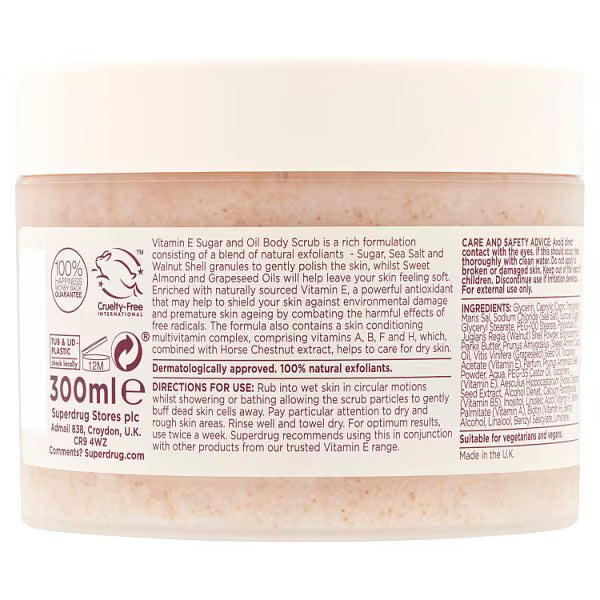 Superdrug body scrub vitamin E sugar oil 300ml (British brand)