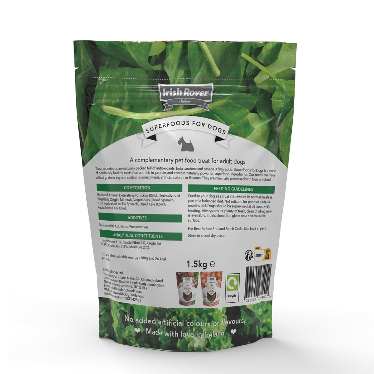 Irish Rover Chicken with Spinach and Kale dog treats 1.5kg, imported from the UK
