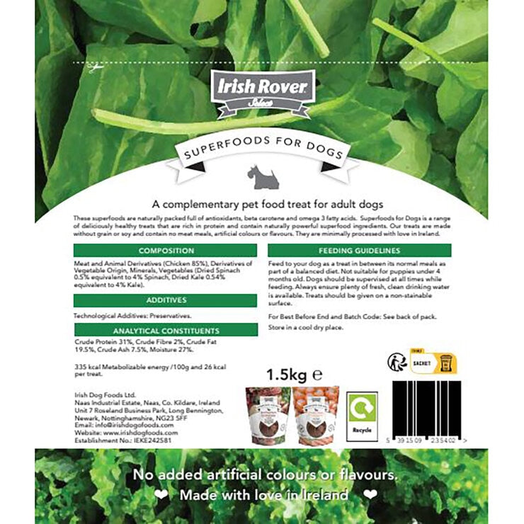 Irish Rover Chicken with Spinach and Kale dog treats 1.5kg, imported from the UK