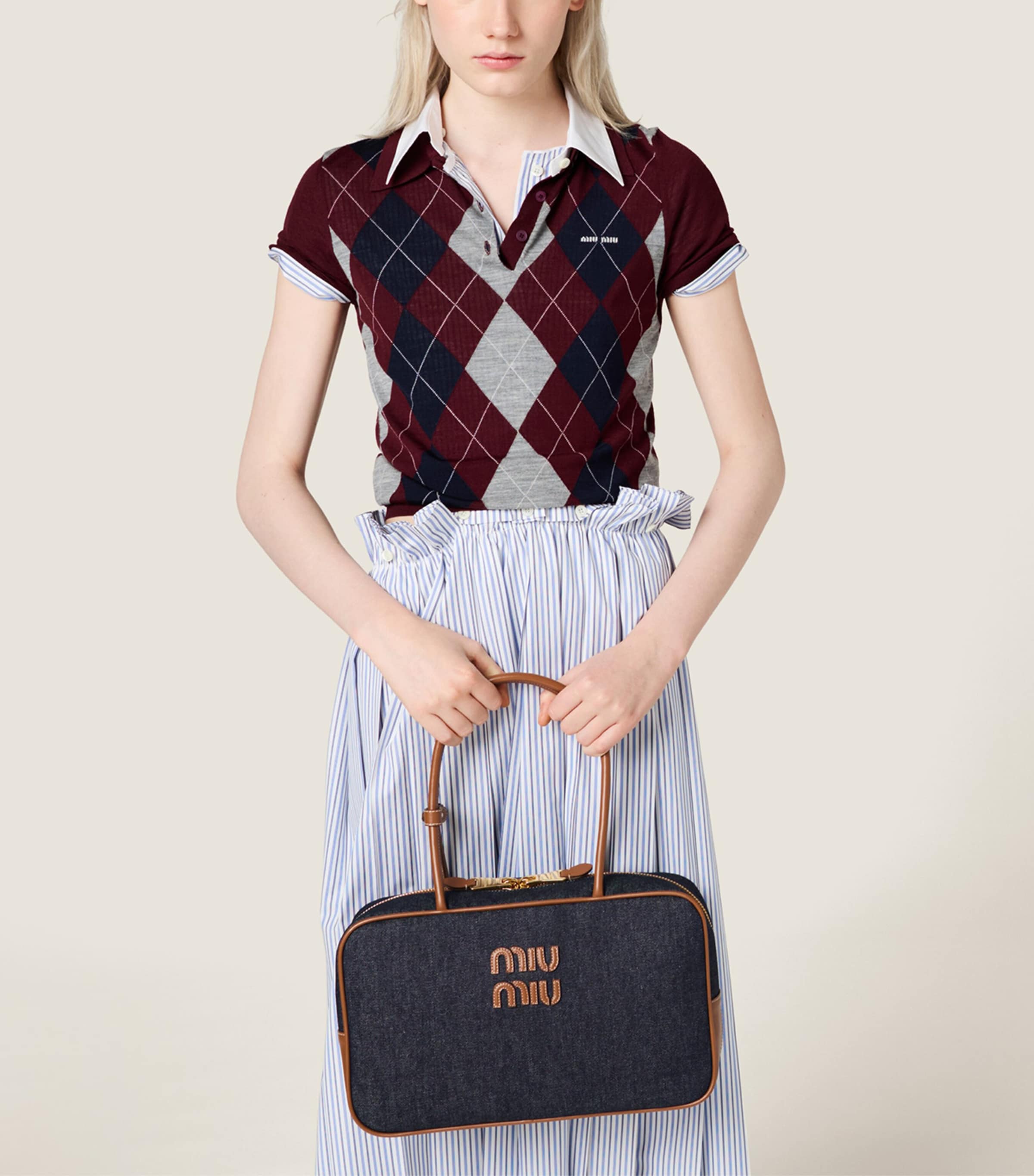 Miu Miu Beau denim top-handle bag with calf leather trims (British brand)
