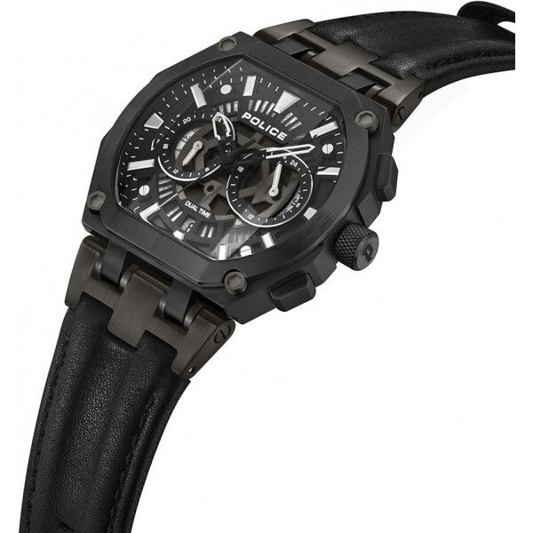 Police men's black shield watch with leather strap, UK version