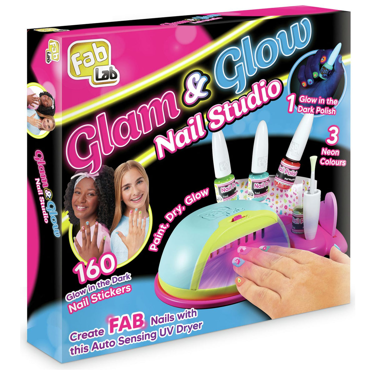 FabLab Glam and Glow Nail Studio kit with UV dryer and stickers, imported from the UK