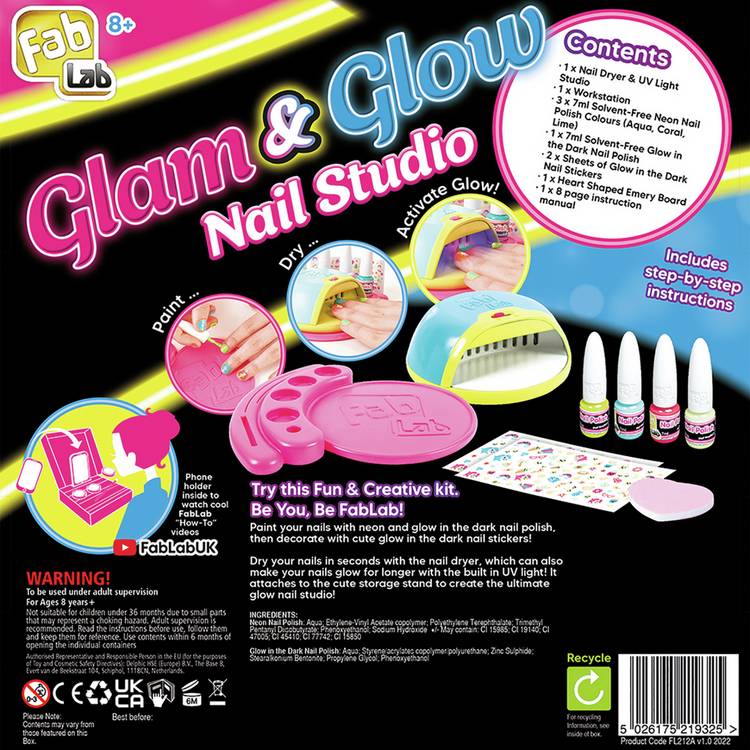 FabLab Glam and Glow Nail Studio kit with UV dryer and stickers, imported from the UK