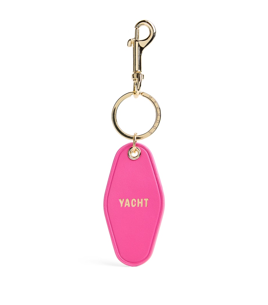 Harrods leather yacht tag keyring in purple with gold foil, imported from the UK