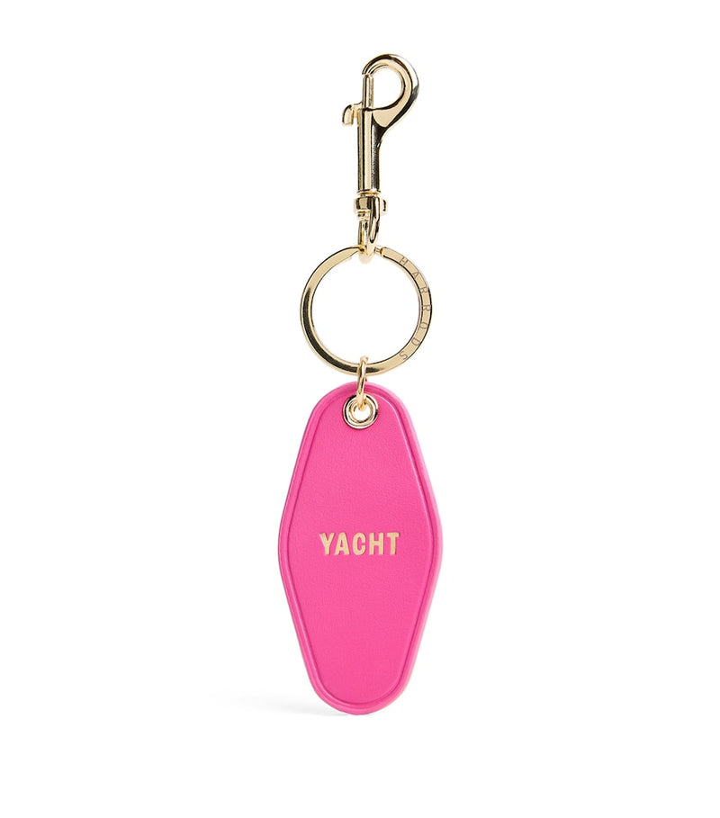 Harrods leather yacht tag keyring in purple with gold foil, imported from the UK