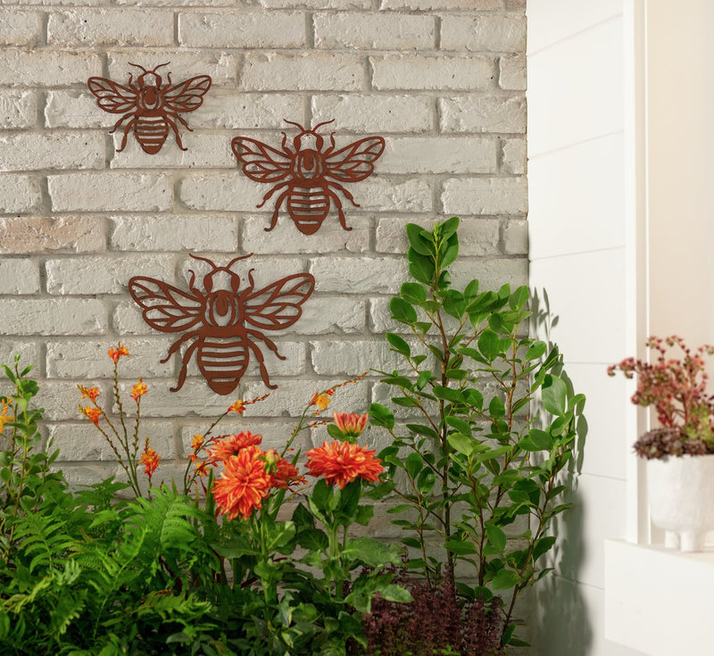 Set of three metal bee garden wall art, UK version