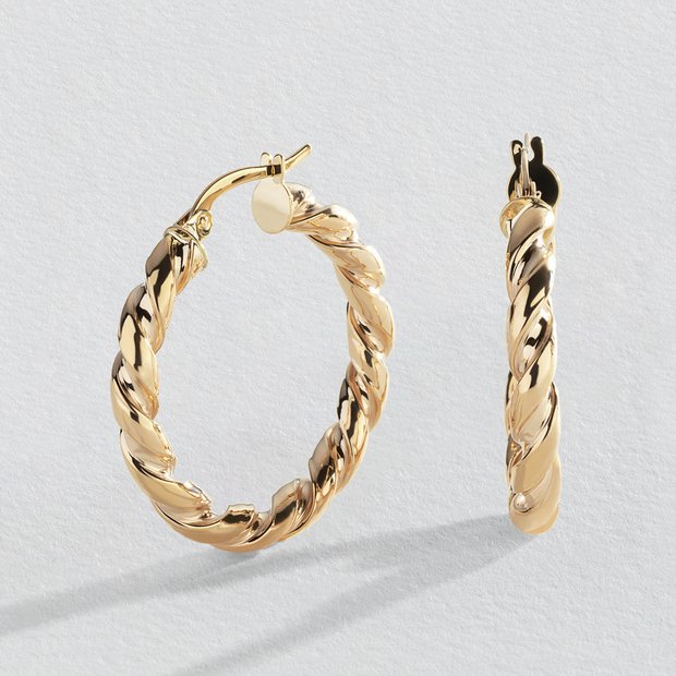 Revere 9ct yellow gold twisted hoop earrings 20mm (British brand)