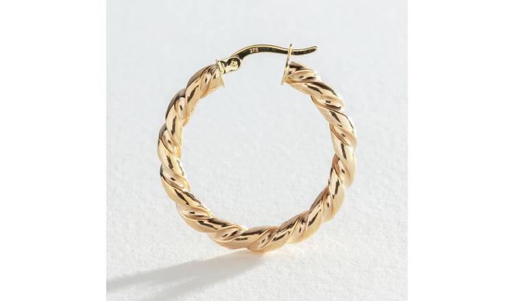 Revere 9ct yellow gold twisted hoop earrings 20mm (British brand)