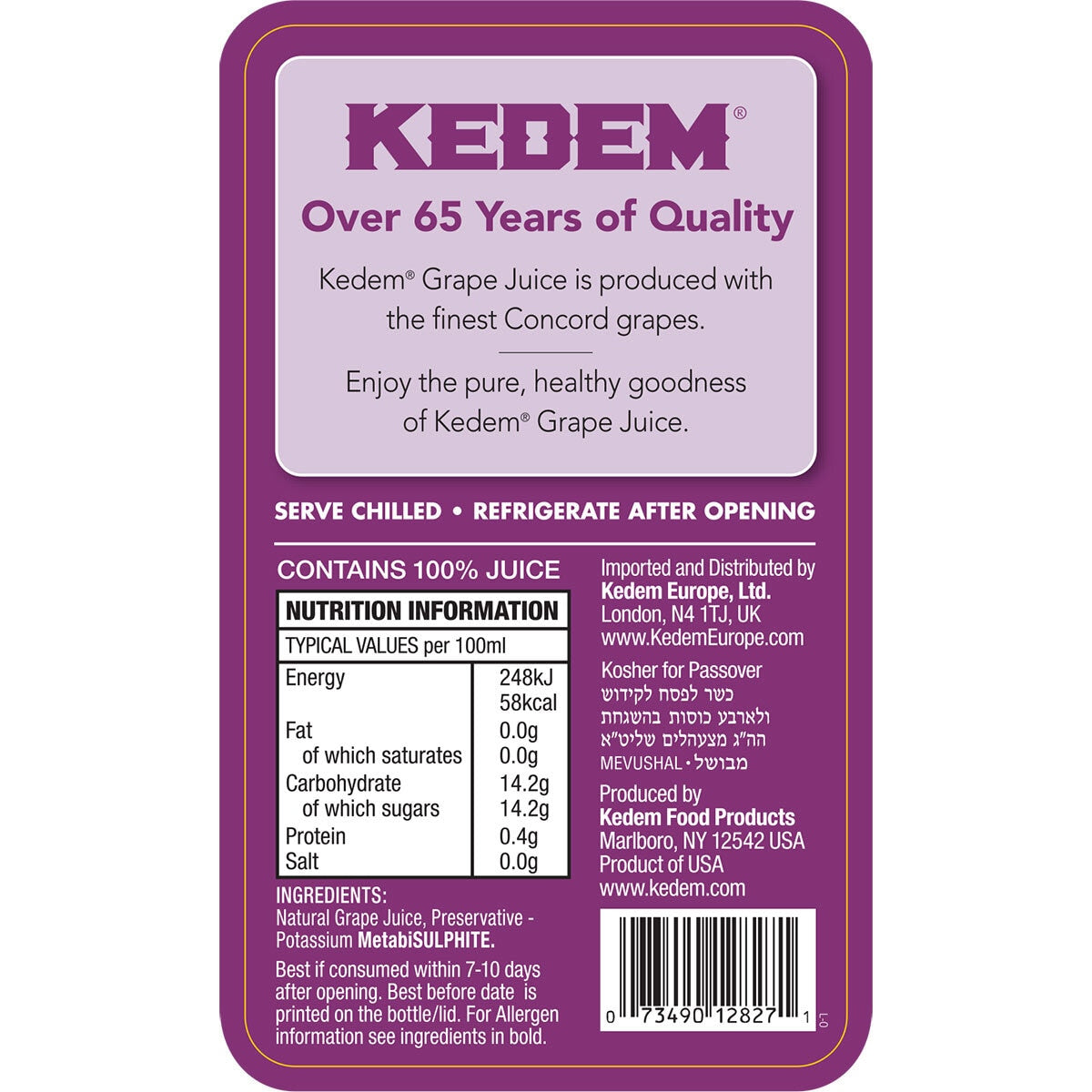 Kedem 100% Pure Grape Juice, 1.89L