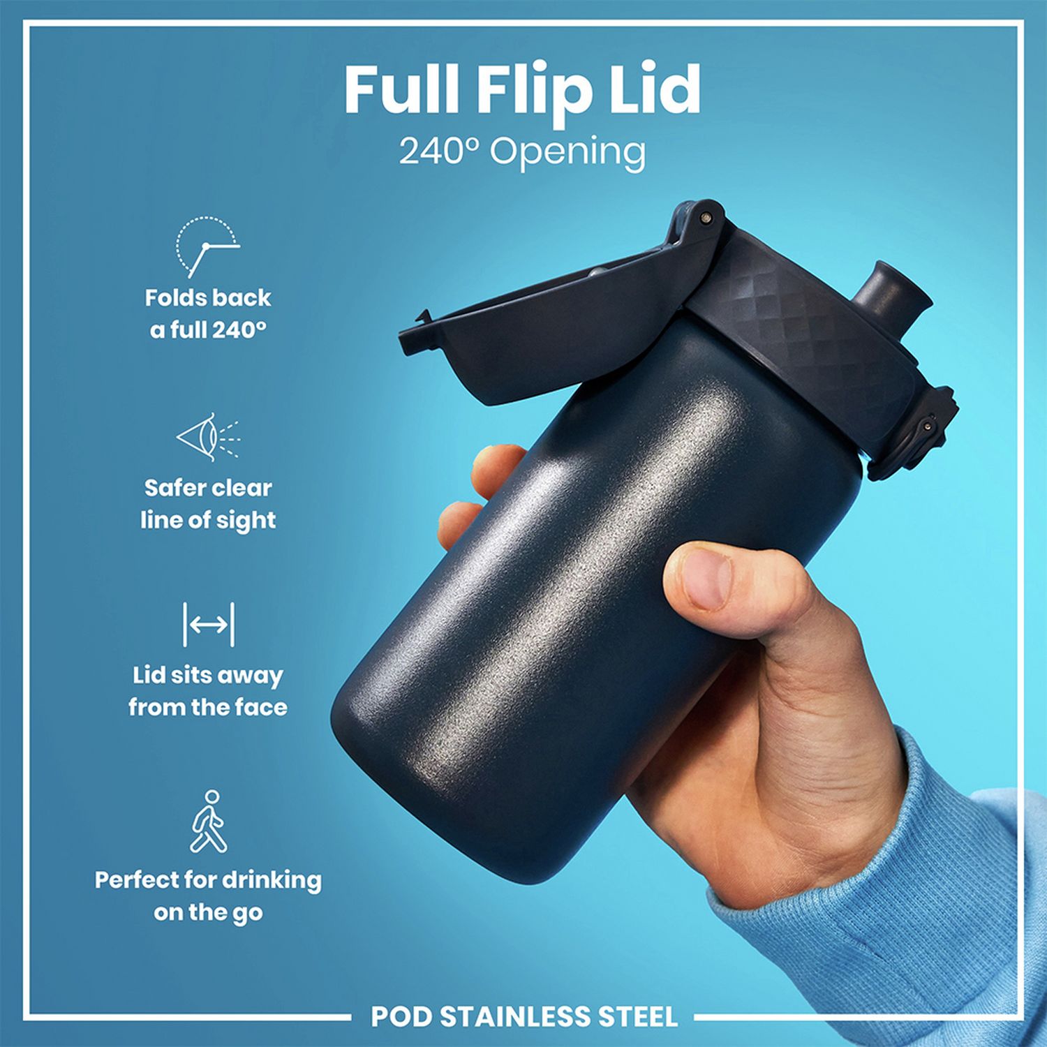Ion8 Ash Navy water bottle 400ml, UK version