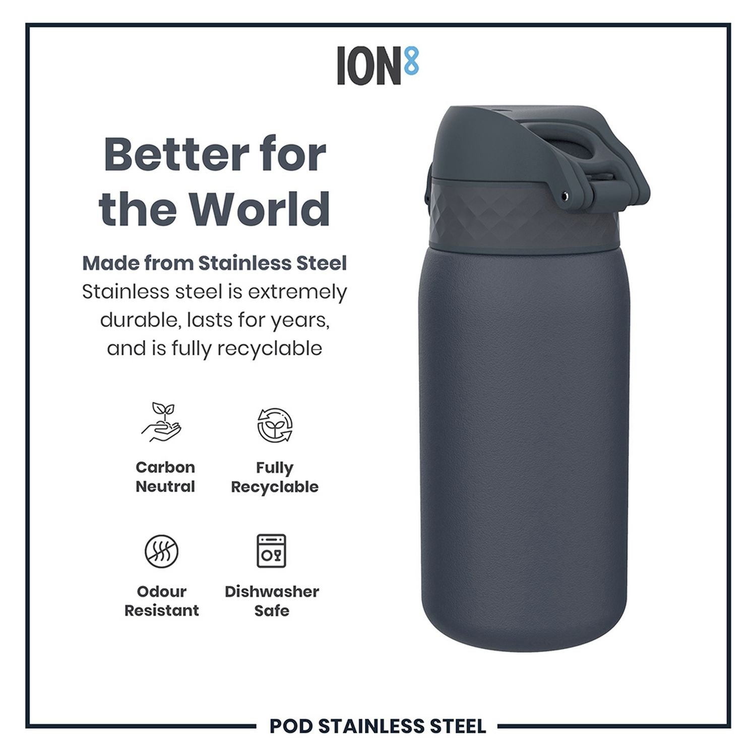 Ion8 Ash Navy water bottle 400ml, UK version