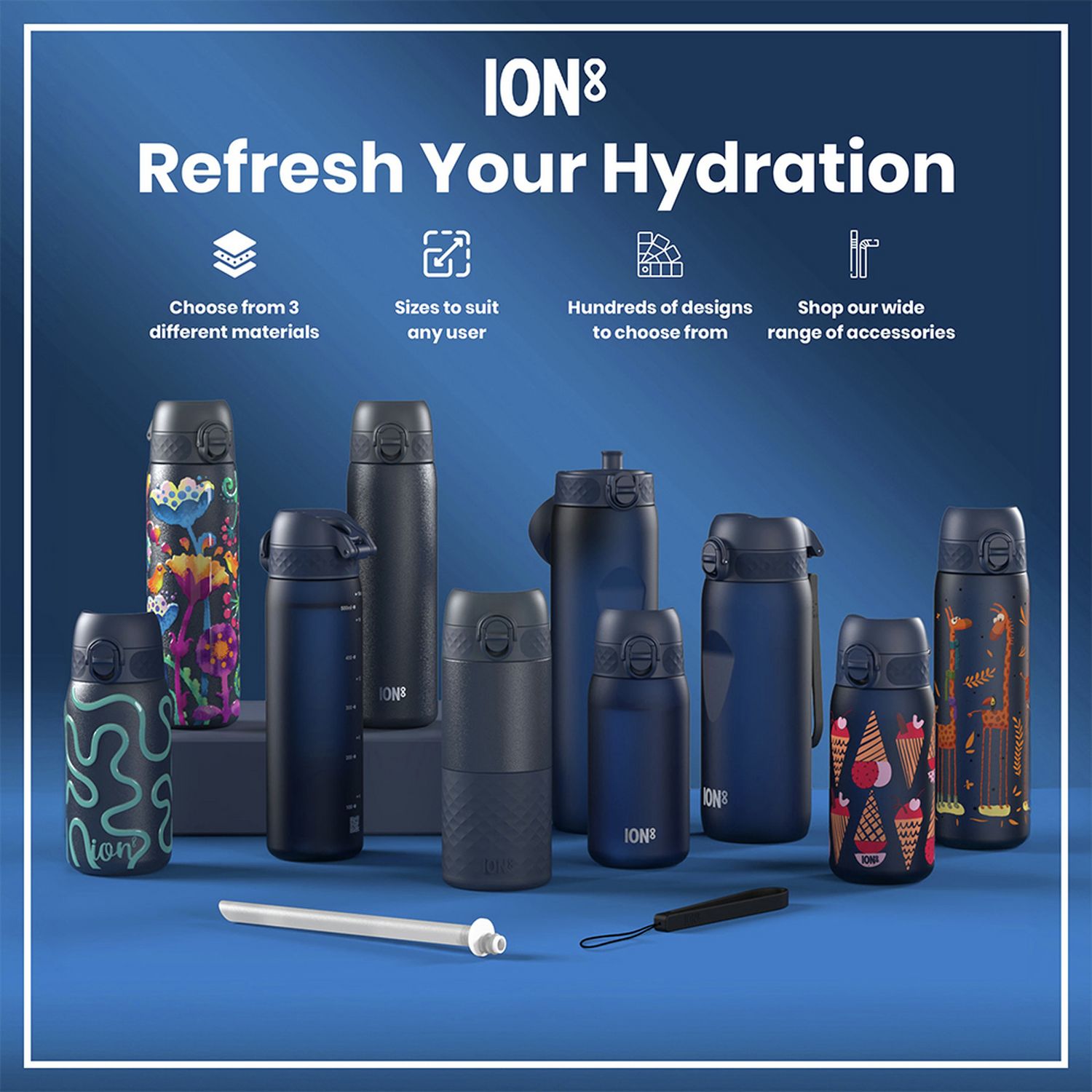 Ion8 Ash Navy water bottle 400ml, UK version
