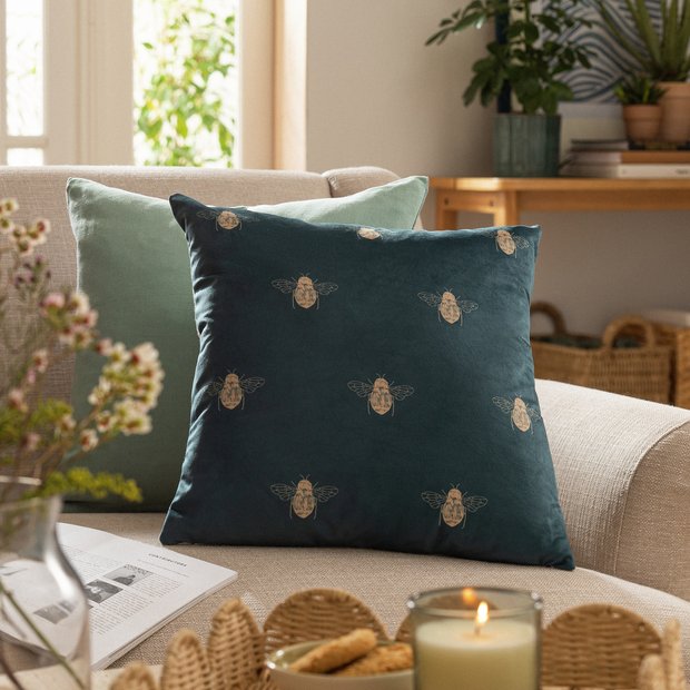 Habitat gold bee printed cushion teal 43x43cm, UK version