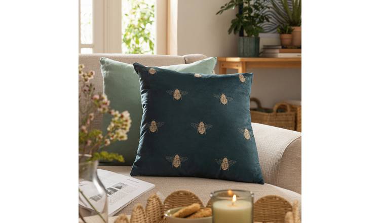 Habitat gold bee printed cushion teal 43x43cm, UK version