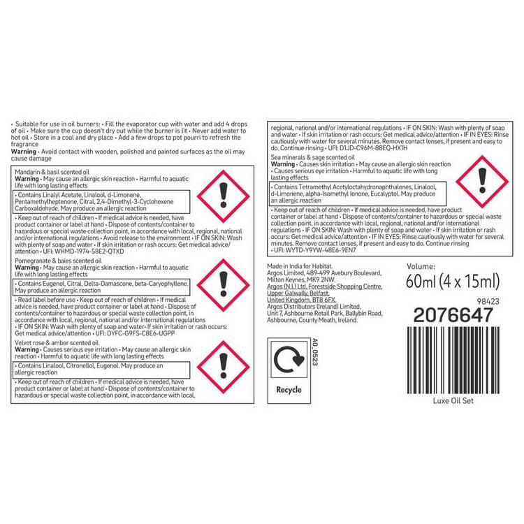 Habitat diffuser oil set pack of 4 60ml, imported from the UK