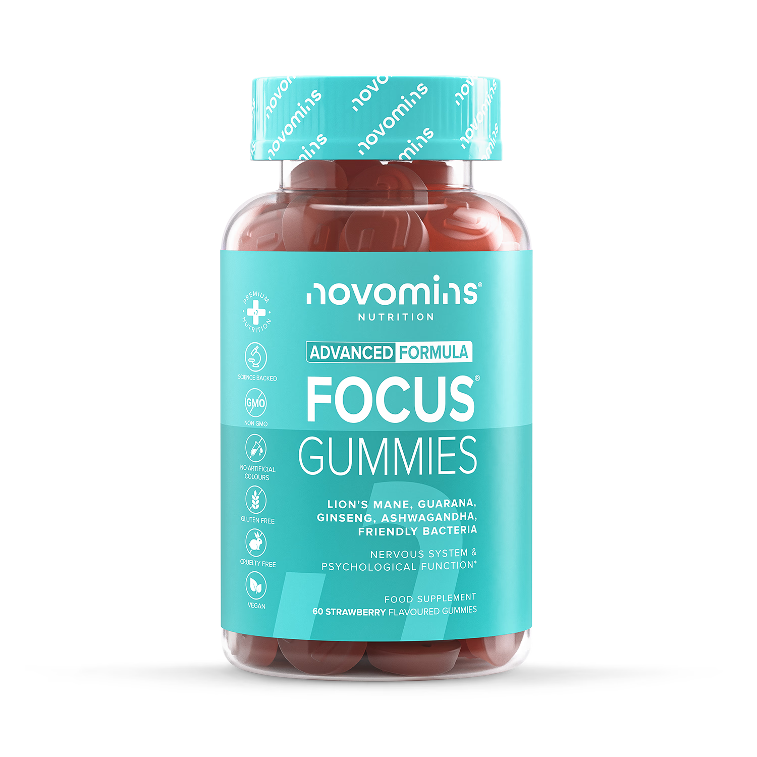 Novomins Focus strawberry gummies 60 count, imported from the UK