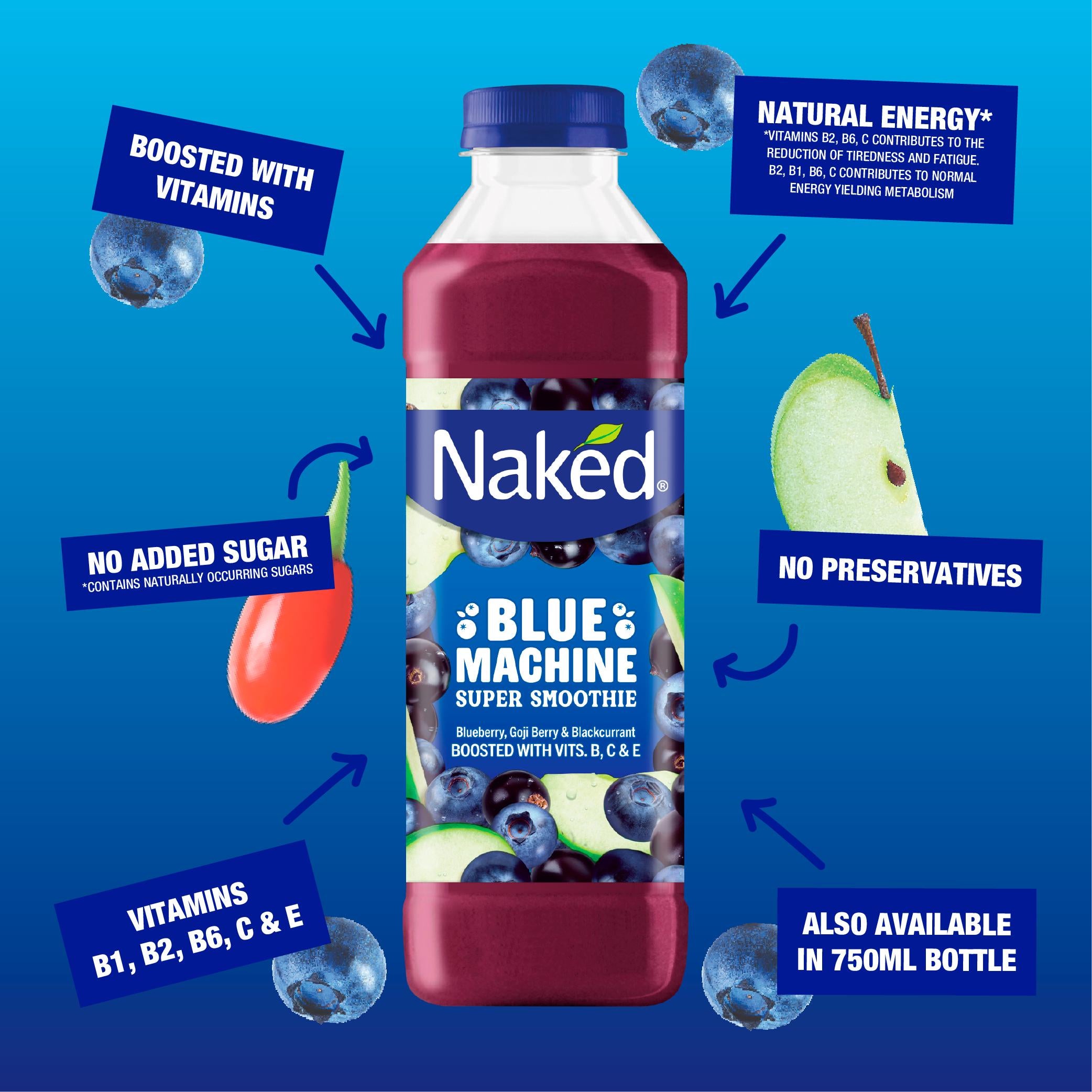 Naked Blue Machine smoothie 750ml, imported from the UK