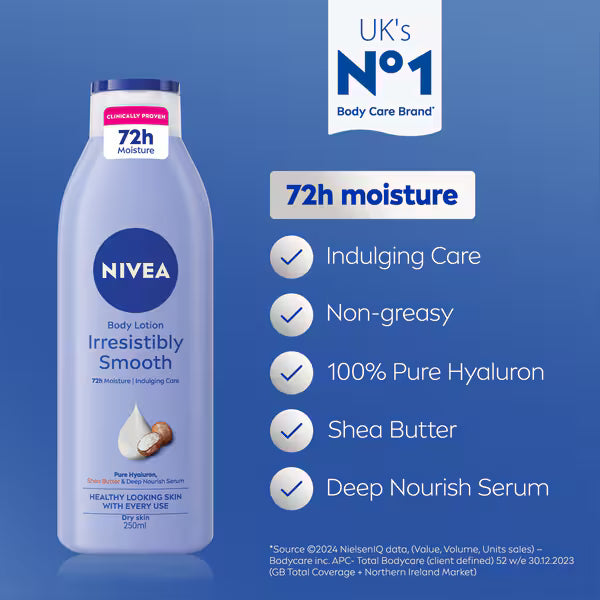 NIVEA Body Lotion Irresistibly Smooth Dry Skin 250ml, imported from the UK