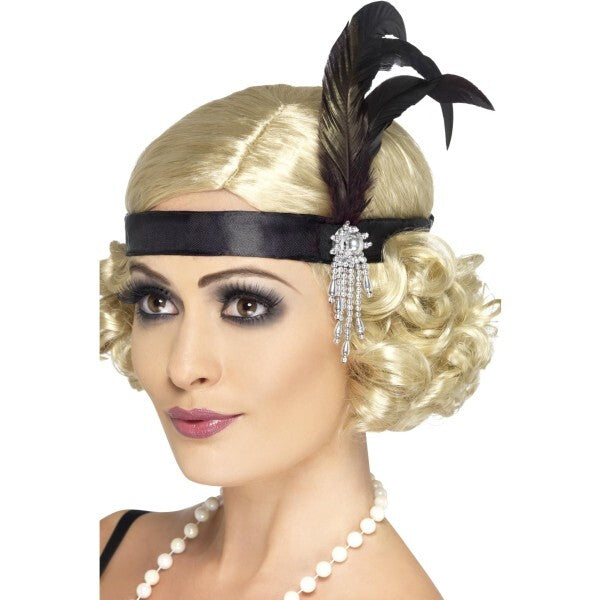 Smiffys black satin Charleston headband with feather and jewel detail, UK version