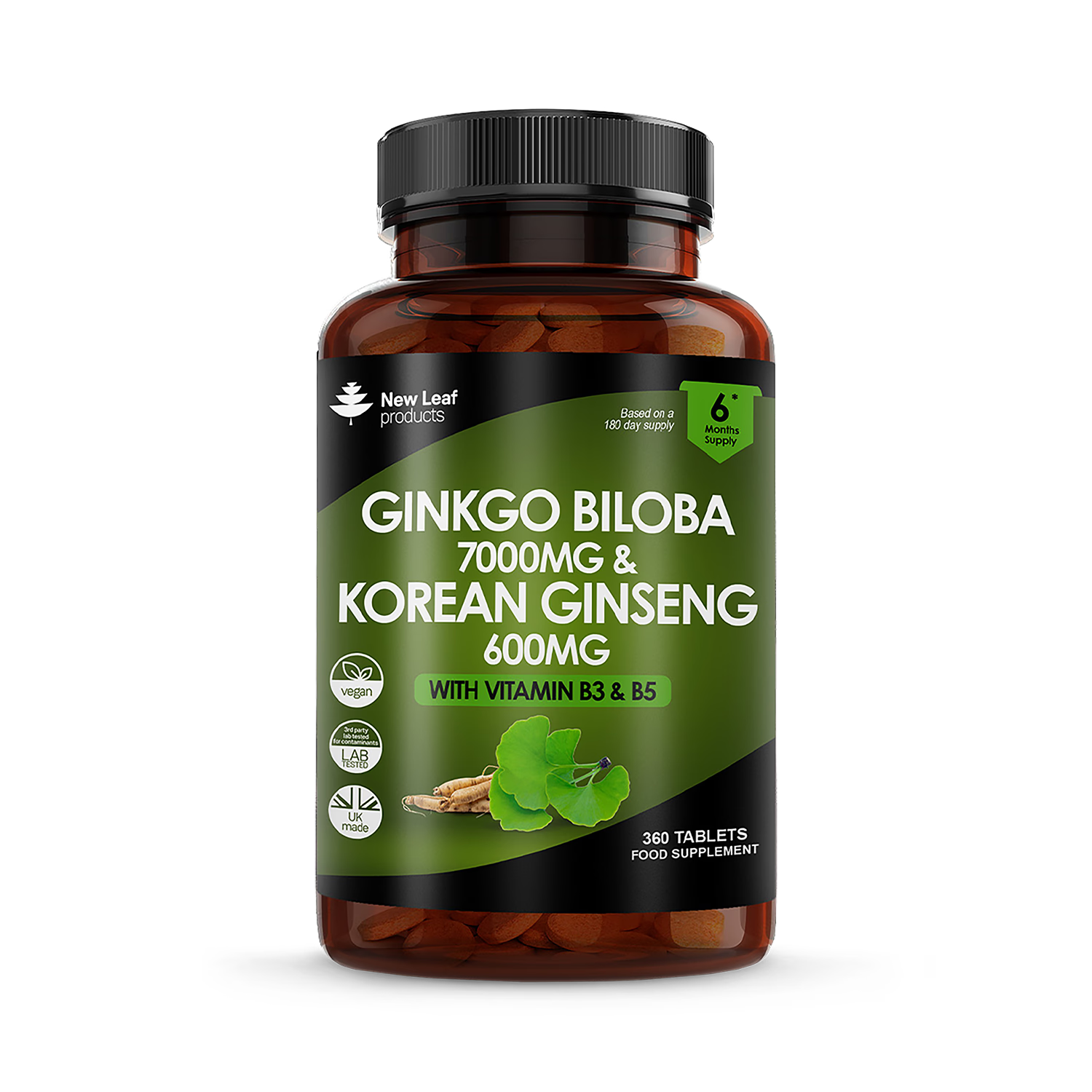 New Leaf Ginkgo Ginseng with B3 B5 360 tablets, imported from the UK