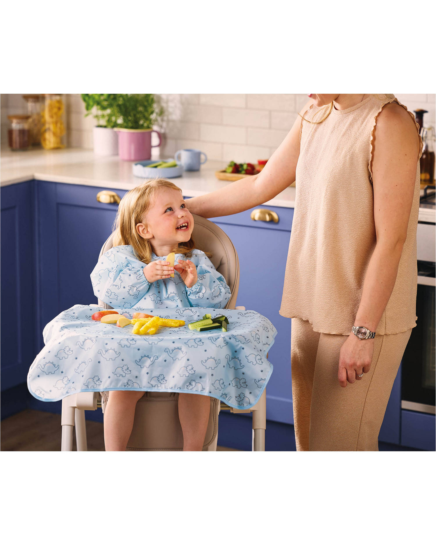 Highchair bib and messy mat in Pink, Blue or Green, UK version