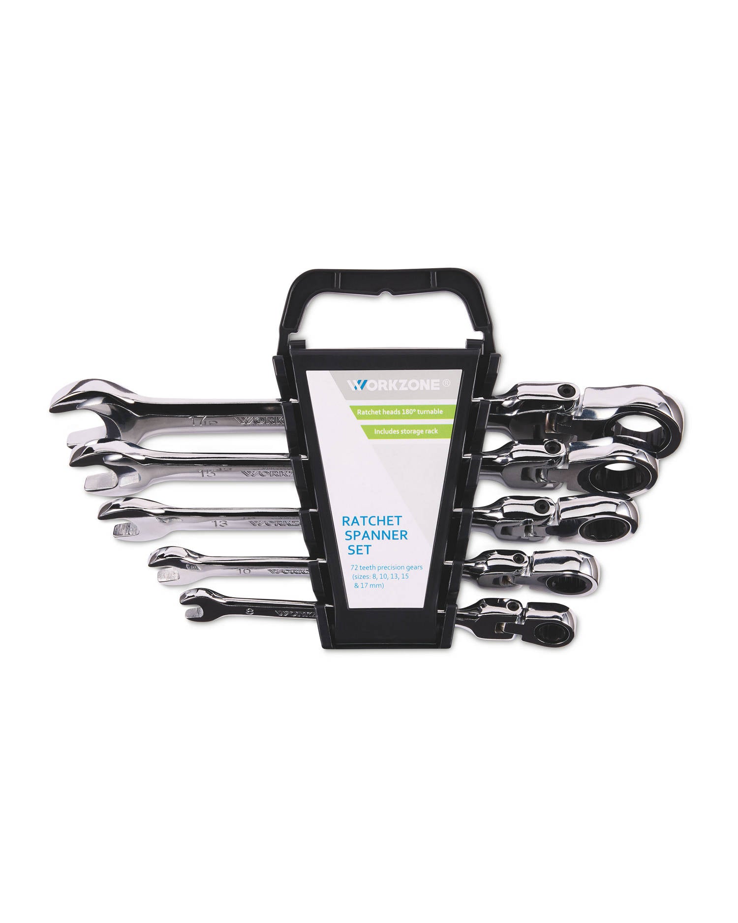 Ratchet spanner set with storage rack, imported from the UK