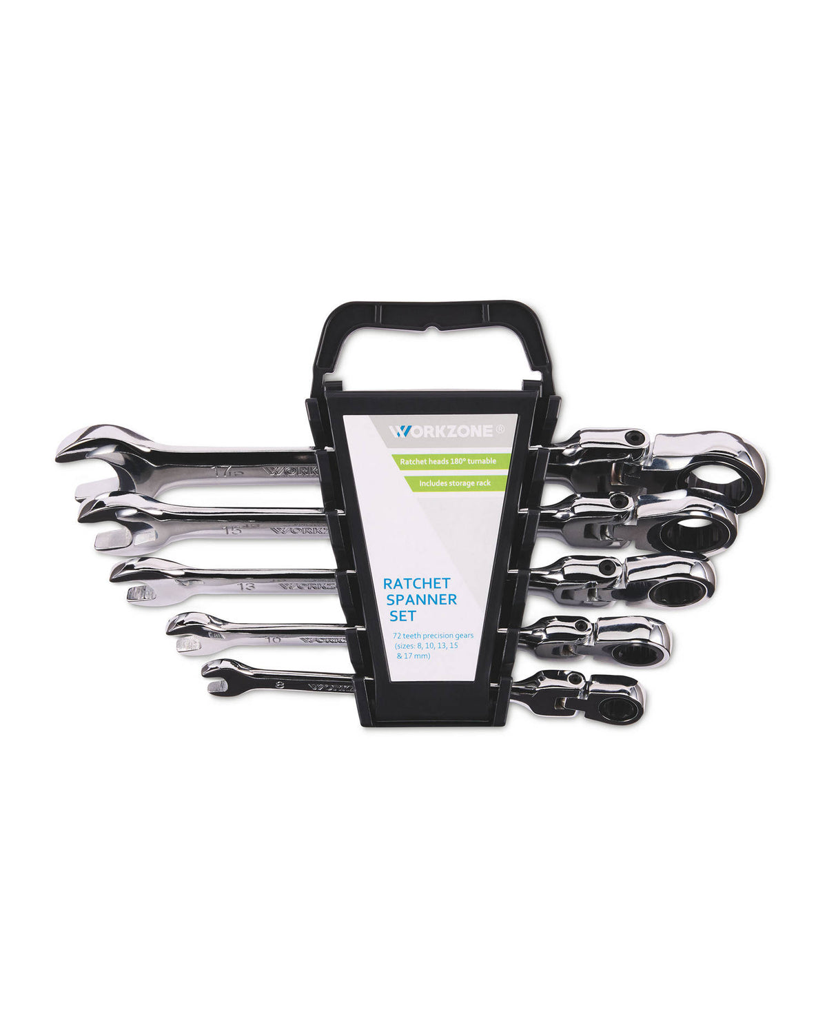 Ratchet spanner set with storage rack, imported from the UK