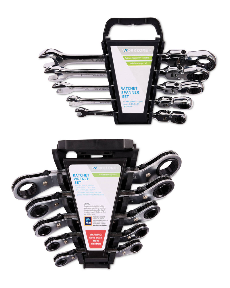 Ratchet spanner set with storage rack, imported from the UK