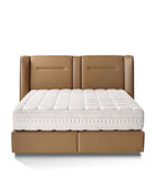 Solid Wood Bed Frame with Brass Inserts and Upholstered Headboard, Approx. 130x214x300cm