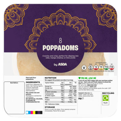ASDA Naturell Linse Poppadoms 8-pakning 64 g