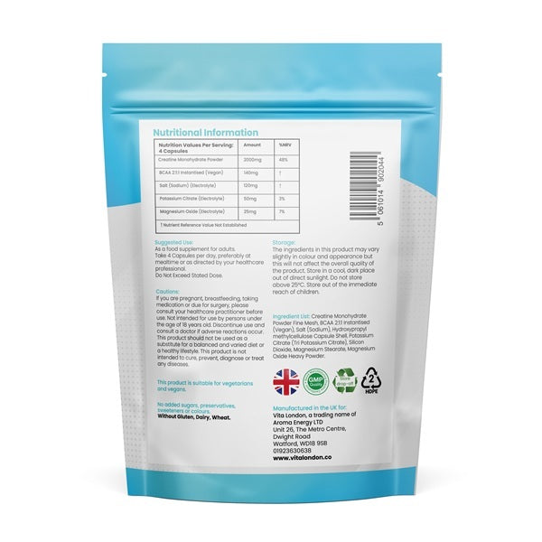 Vita London creatine supplement with BCAAs and electrolytes 120 capsules - British product