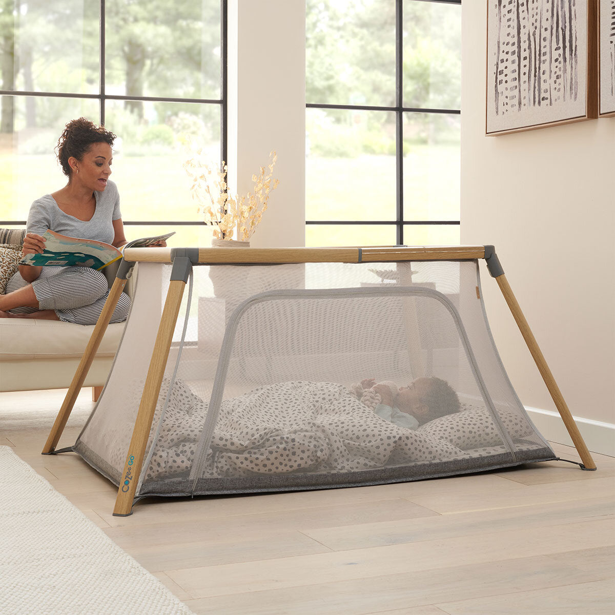 Tutti Bambini CoZee Go Day & Night Travel Cot Bundle, Oak & Charcoal Finish GOODS Costco UK