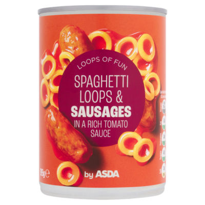 ASDA ASDA Spaghetti Loops and Sausages in Tomato Sauce Canned Pasta 395g- Buy online at McGrocer