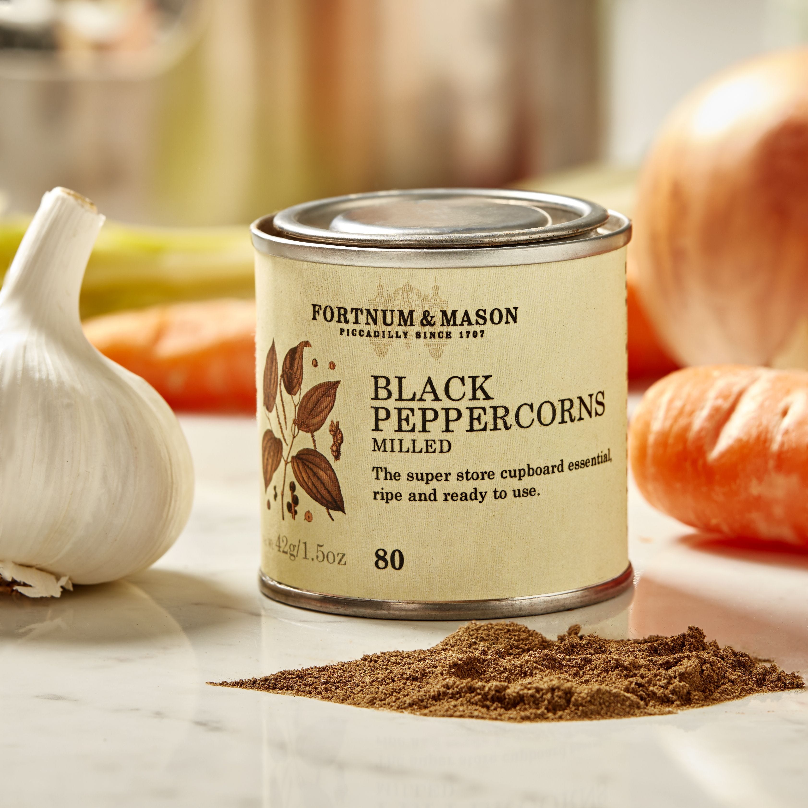 Milled black peppercorns in a tin, 42g, UK version