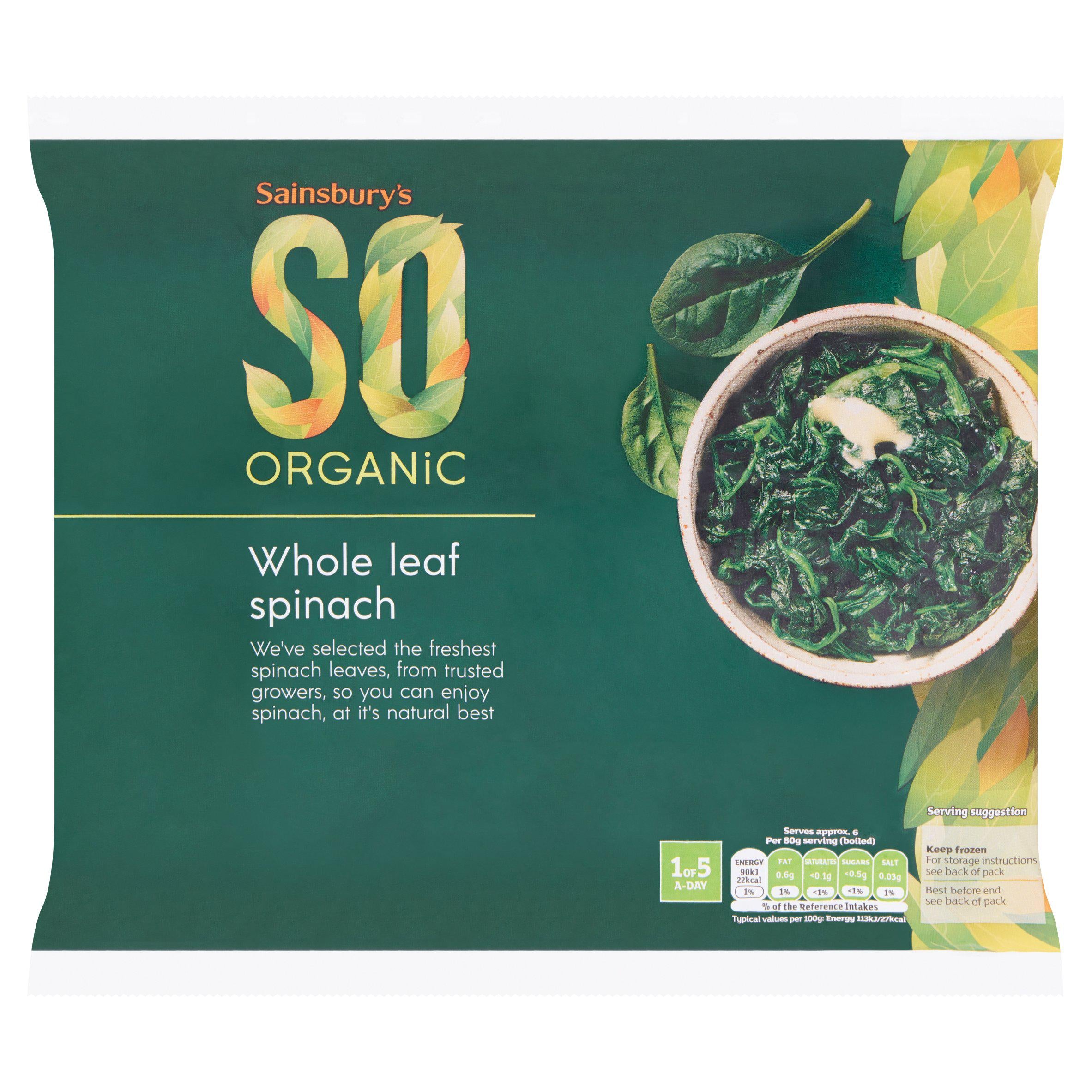 Sainsbury's Whole Leaf Spinach, SO Organic 500g GOODS Sainsburys   