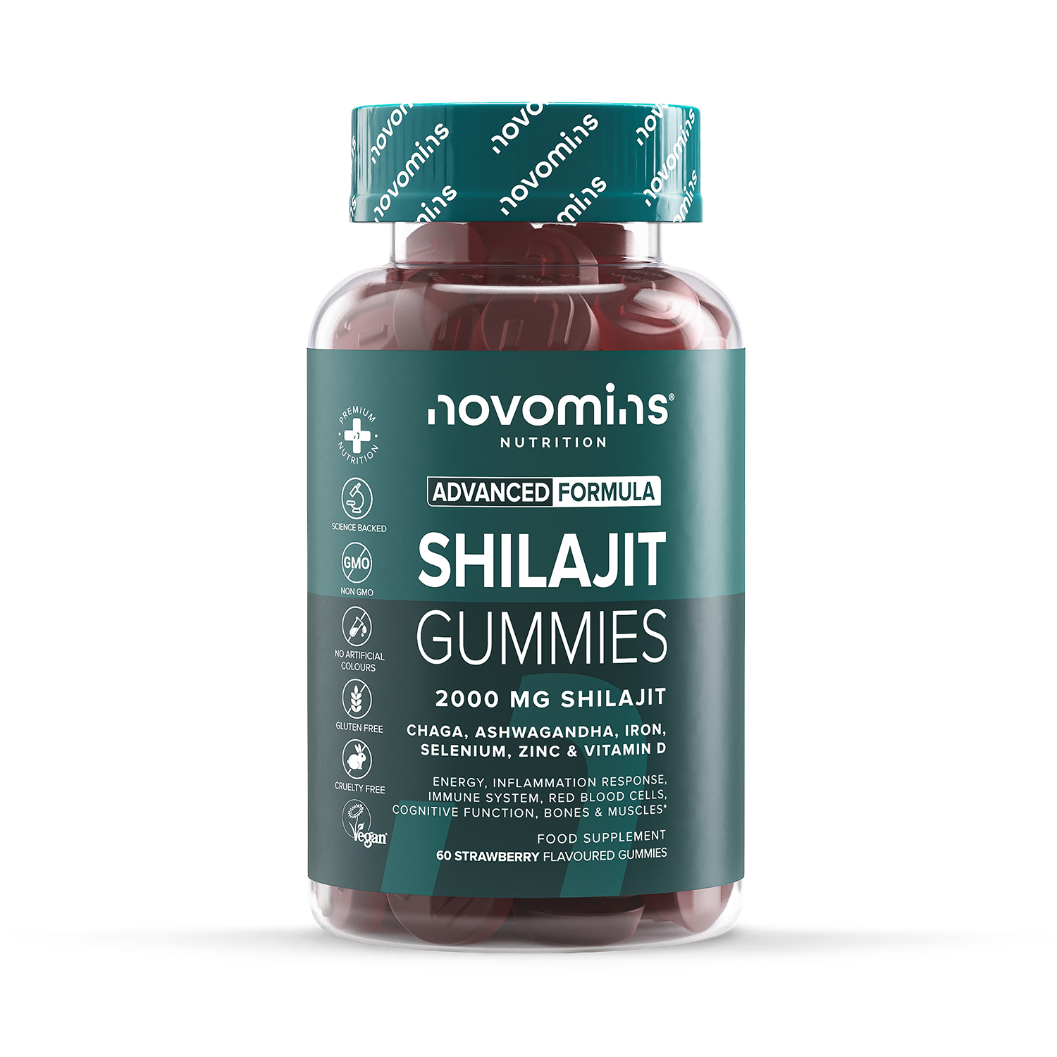 Novomins shilajit gummies strawberry flavoured 60 gummies (British brand)