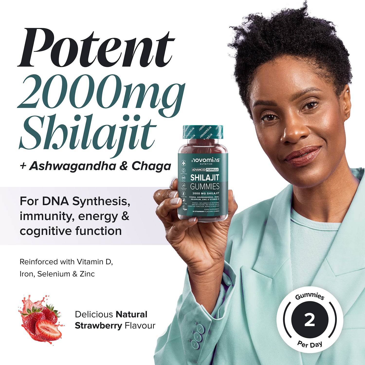 Novomins shilajit gummies strawberry flavoured 60 gummies (British brand)