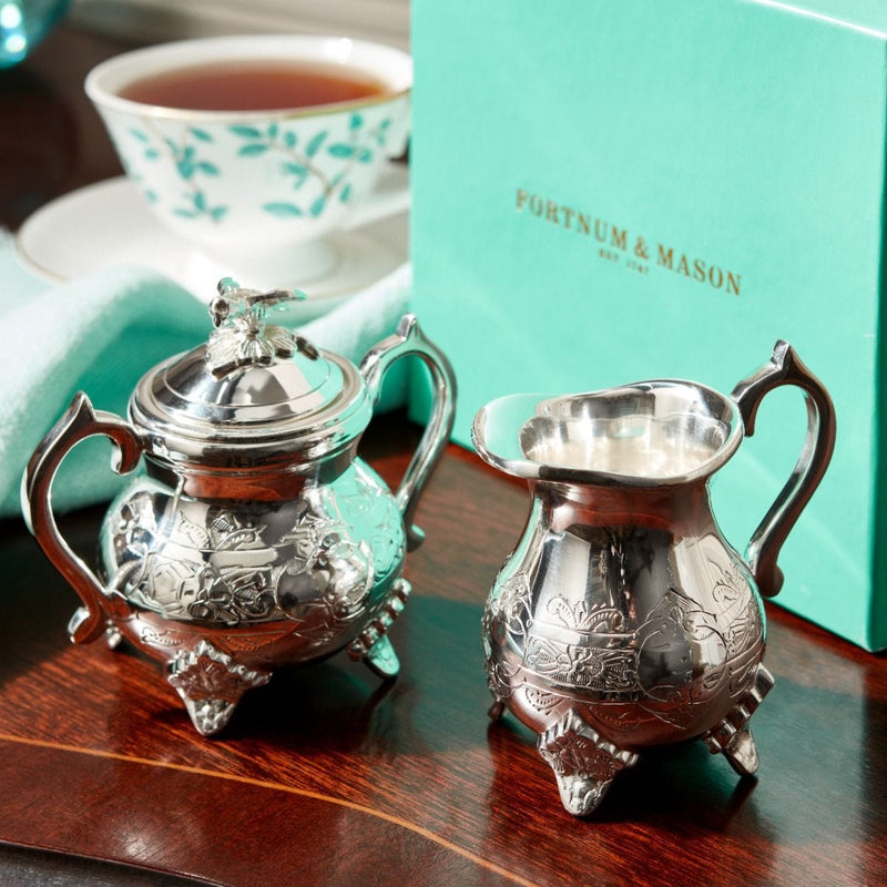 Fortnum's silver-plated Louis Philippe sugar and milk set, imported from the UK