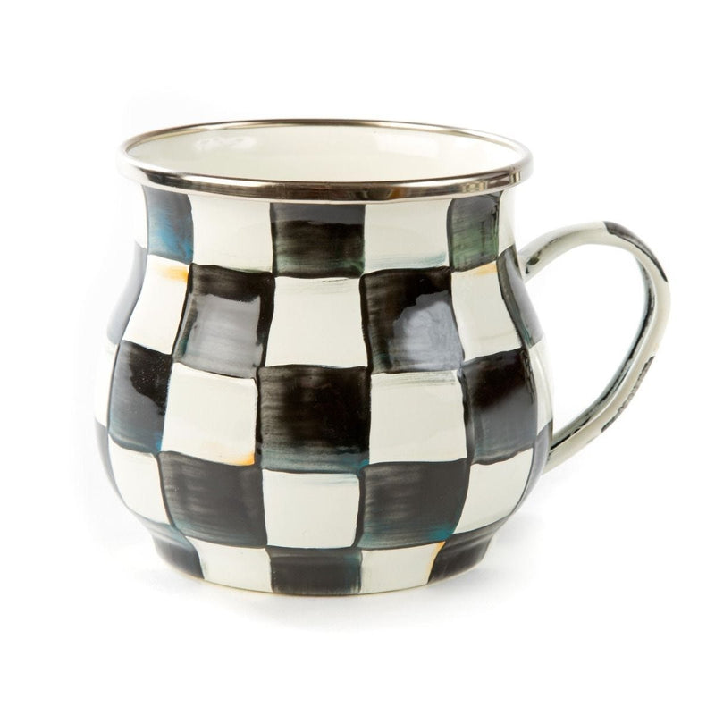 MacKenzie-Childs Courtly Check enamel mug with gold rim, UK version
